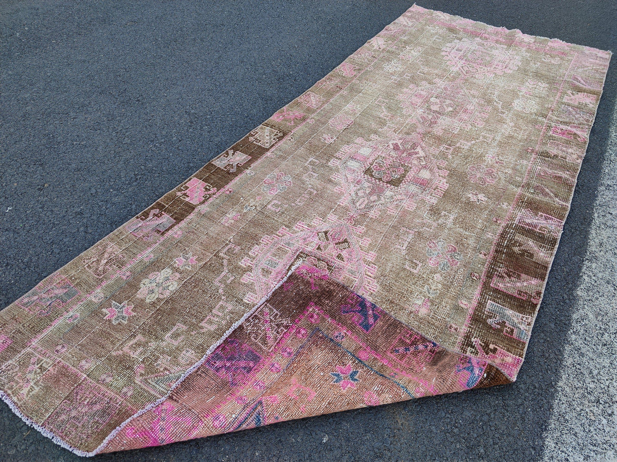 4x11 Turkish Runner Rug: Brown Abstract Hallway Carpet