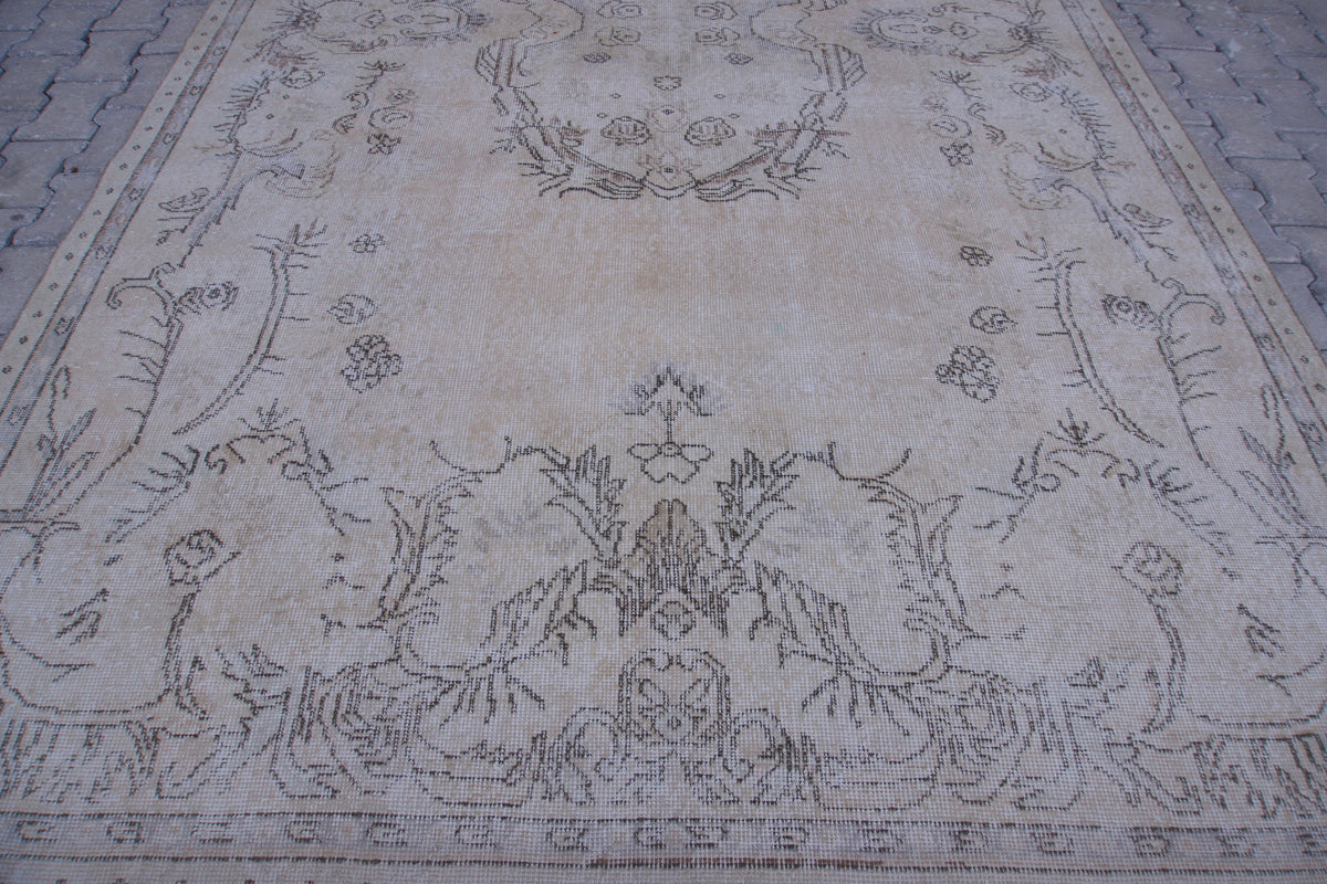 Handwoven Neutral Rug 7x11: Beige & Gray Wool, Oriental Design, Home Decor