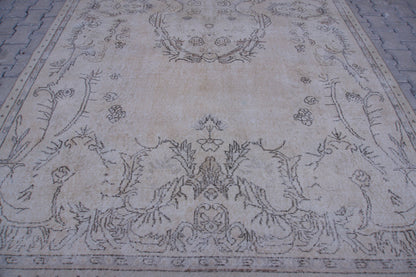 Handwoven Neutral Rug 7x11: Beige & Gray Wool, Oriental Design, Home Decor
