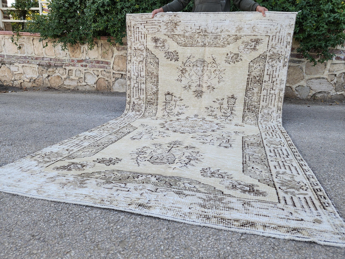 5x9 Neutral Area Wool Rug: Rustic Decor, Turkish Oushak, Beige and Brown