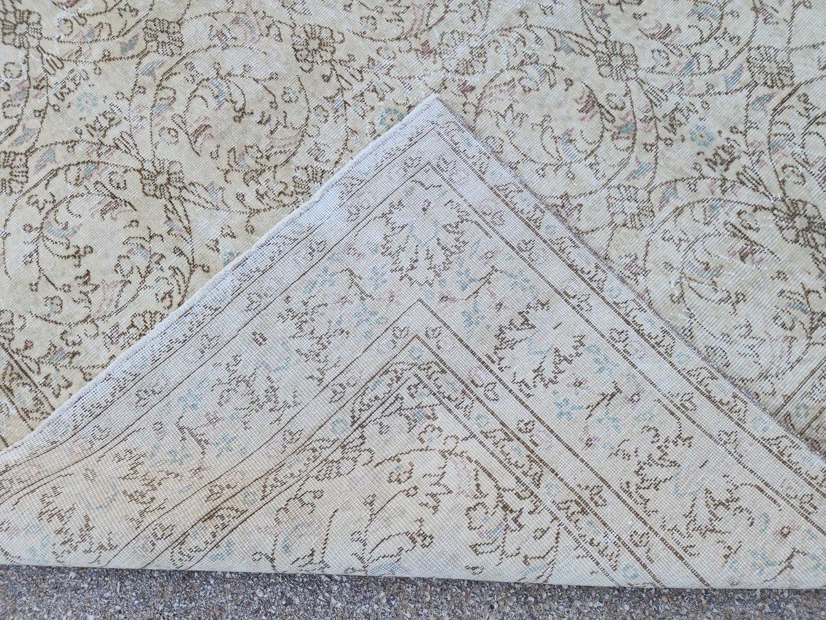 7x10 Vintage Oushak Rug: Hand-Knotted Wool, Distressed Beige Carpet