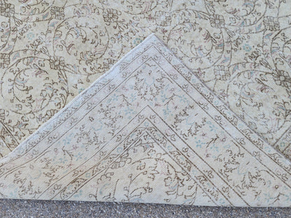 7x10 Vintage Oushak Rug: Hand-Knotted Wool, Distressed Beige Carpet