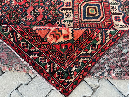 4x7 Vintage Turkish Rug: Red Oushak Handmade Small Rug