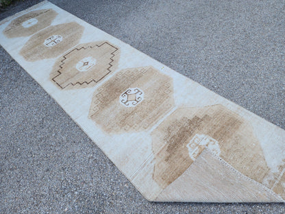 3x11 Neutral Turkish Wool Runner Rug, Hand-Knotted Vintage Hallway & Entryway Rug