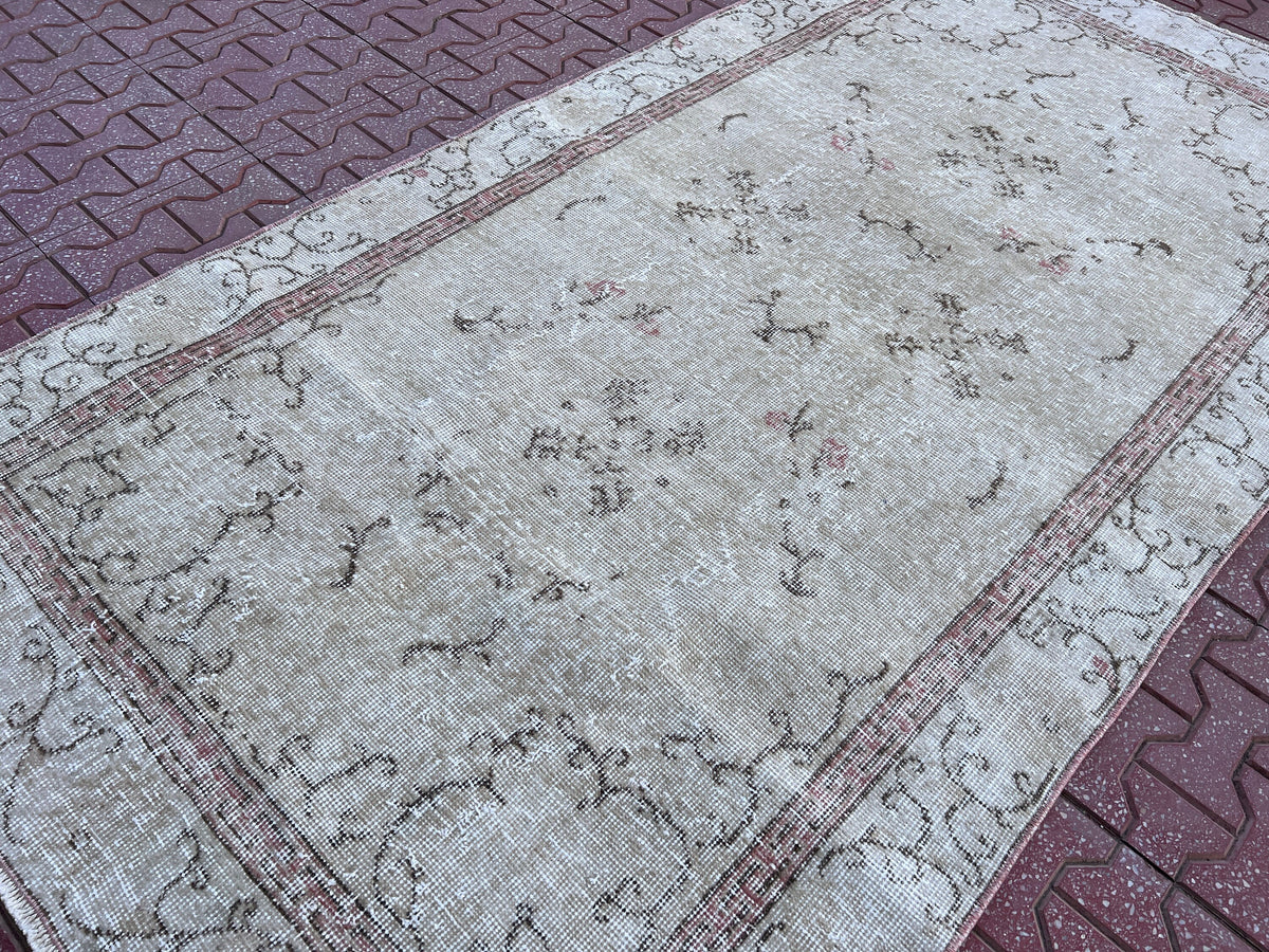 Handwoven Turkish Oushak Rug 4x7: Neutral Bohemian Wool Rug