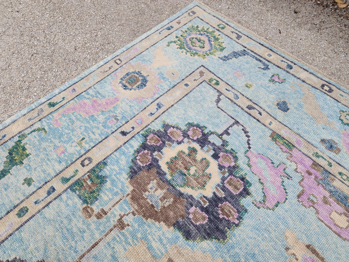 9x10 Oushak Rug: Pastel Blue Floral Up Cycled Wool Carpet, Vintage Boho Style,