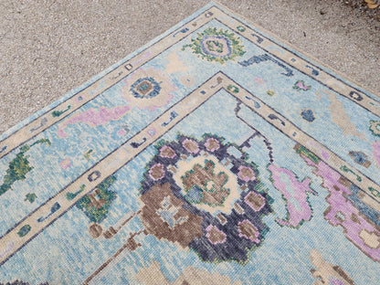 9x10 Oushak Rug: Pastel Blue Floral Up Cycled Wool Carpet, Vintage Boho Style,