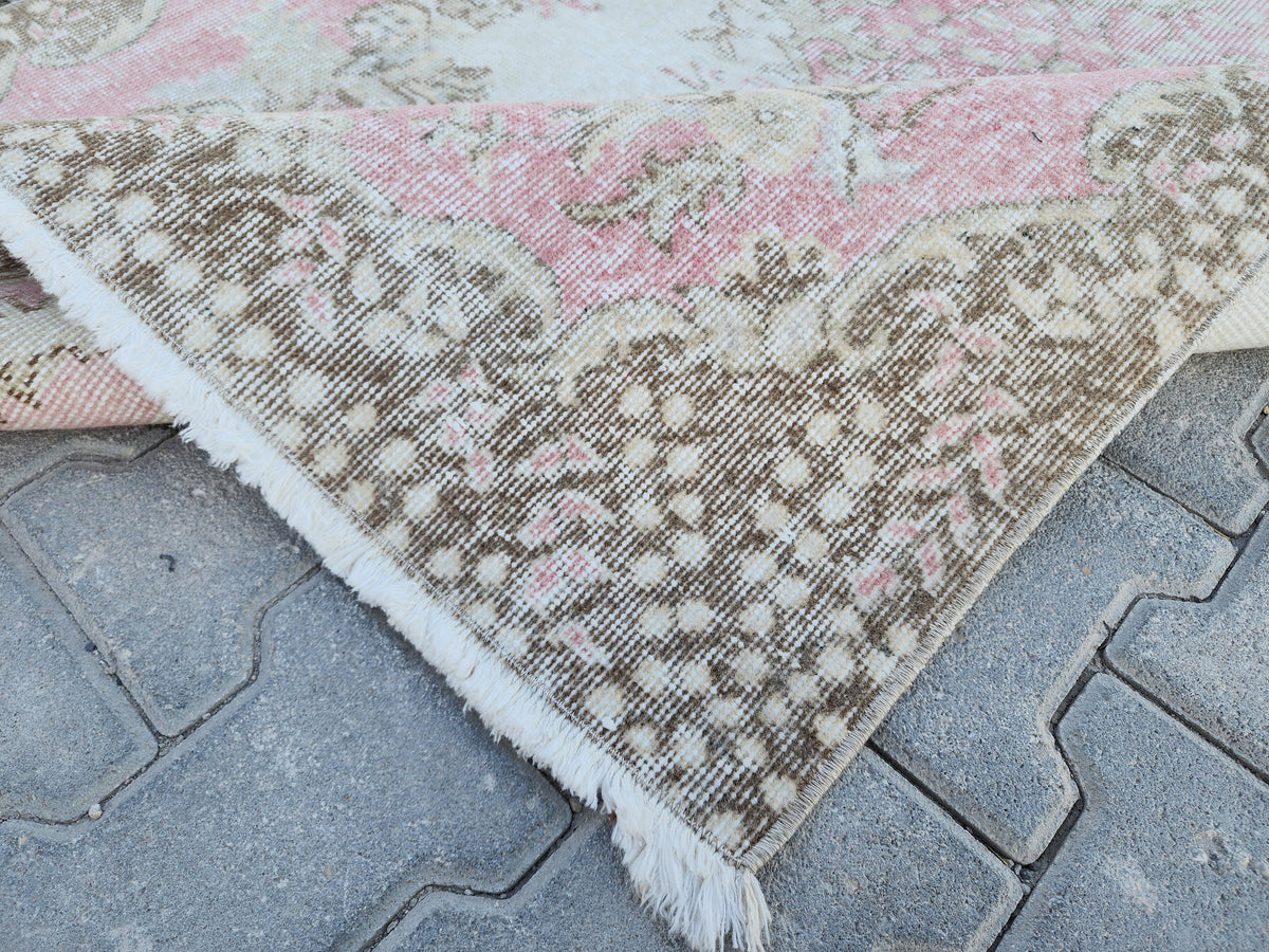 Handwoven Turkish Oushak Rug 4x7: Pink Rose Wool Rug
