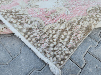 Handwoven Turkish Oushak Rug 4x7: Pink Rose Wool Rug