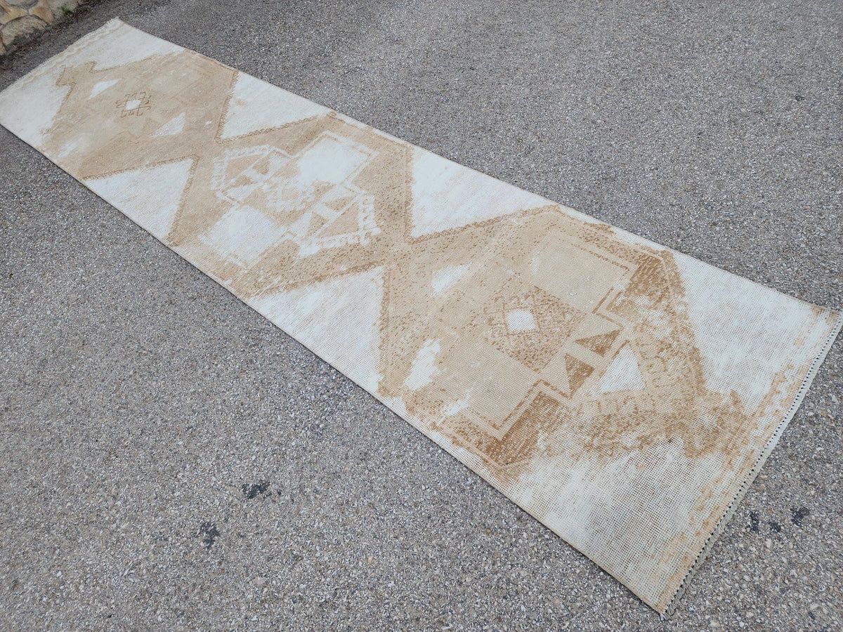 3x13 Hand-Knotted Turkish Wool Runner Rug, Neutral Hallway & Entryway Rug