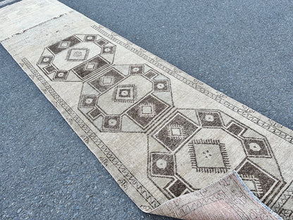 Vintage Turkish Wool Runner Rug: 3x13 Brown Oriental Rug