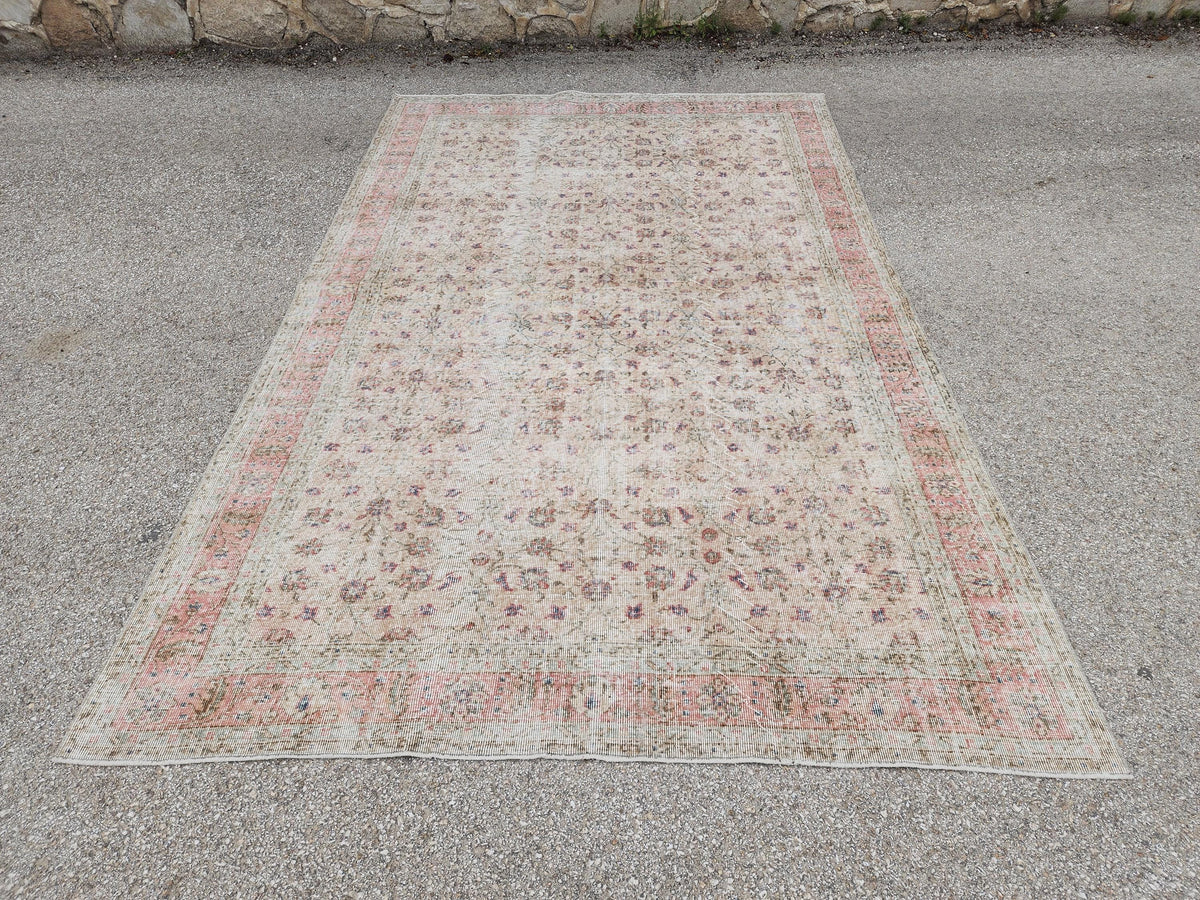 Handwoven Wool Oushak Rug 7x11: Vintage Turkish Neutral Area Rug