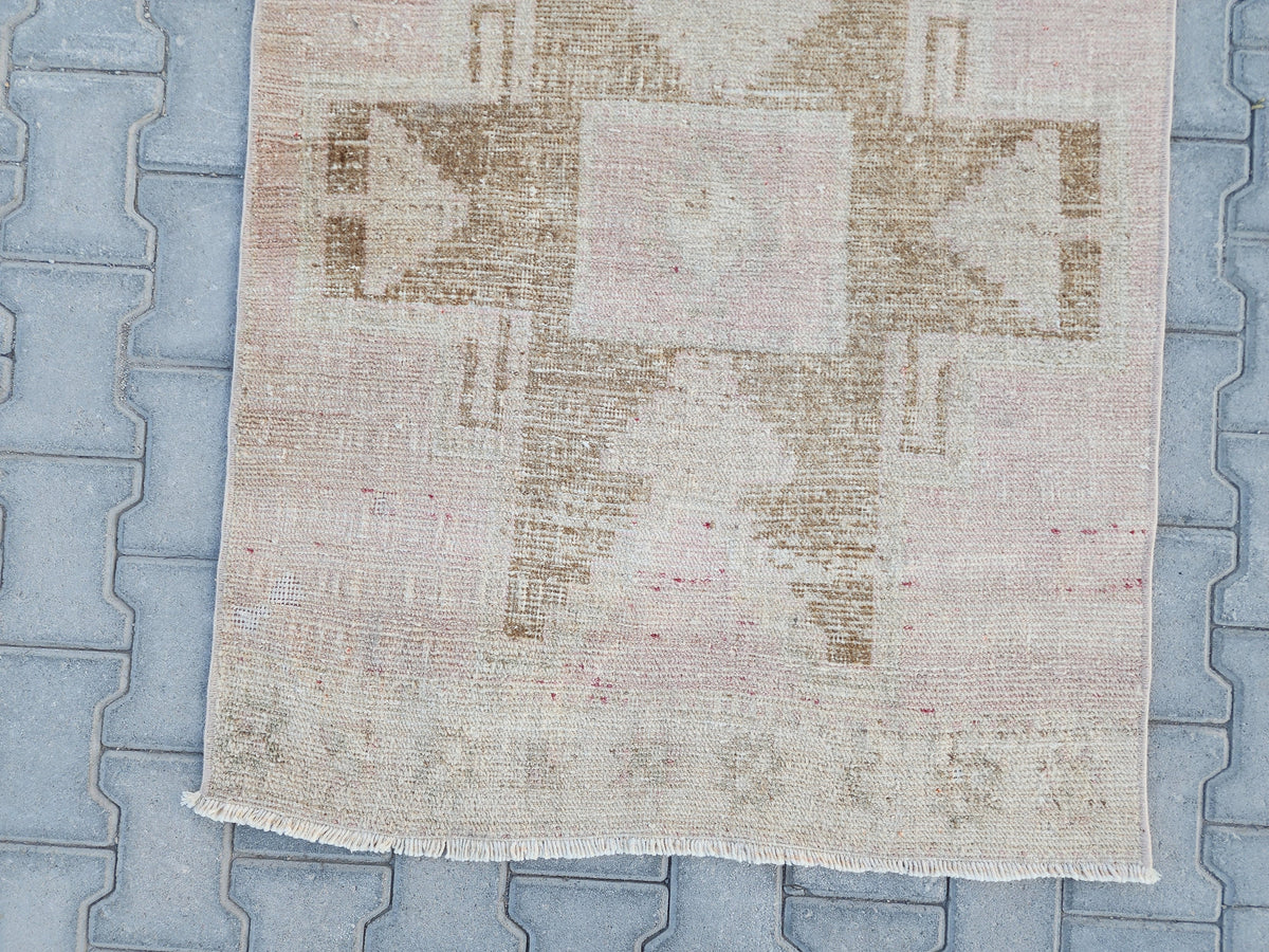3x11 Turkish Runner Rug: Hand Woven Wool Neutral Beige with Subtle Geometric Pattern