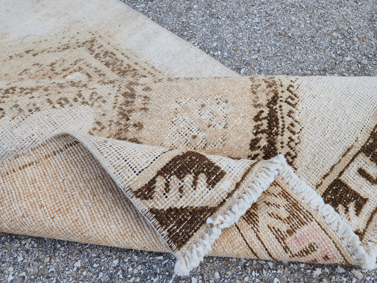 Neutral Runner Rug 3x13, Hand Knotted Rustic Boho Decor, White and Brown