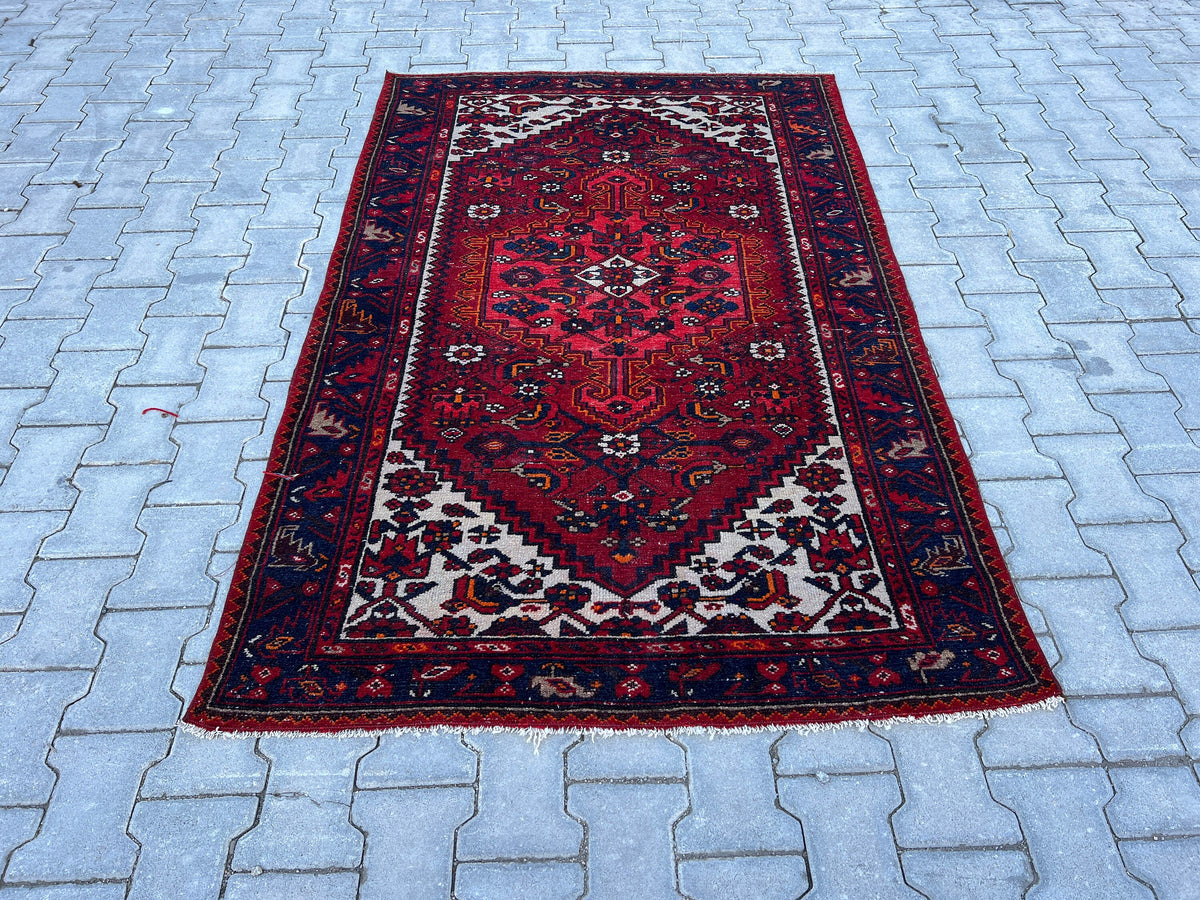 4x6 Vintage Turkish Oushak Rug: Red Oriental Small Rug