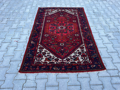 4x6 Vintage Turkish Oushak Rug: Red Oriental Small Rug