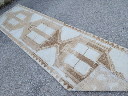 3x12 Neutral Runner Rug, Geometric Turkish Hand Made Design, Beige and White