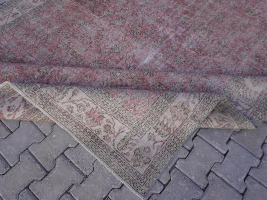 7x9 Vintage Area Rug, Bohemian Home Decor, Faded Red Wool Turkish Hand Woven