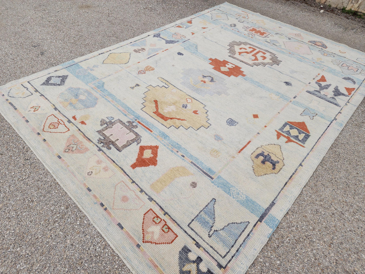 6x9 Oushak Rug: Light Beige Pastel Turkish Wool, Handwoven Boho Rug