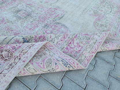 8x11 Vintage Oushak Rug: Pink Wool Turkish Rug