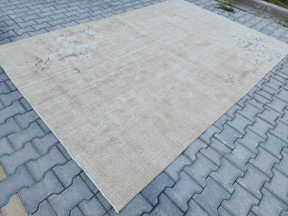 7x10 Vintage Oushak Rug: Neutral Beige Turkish Hand-Knotted Rug