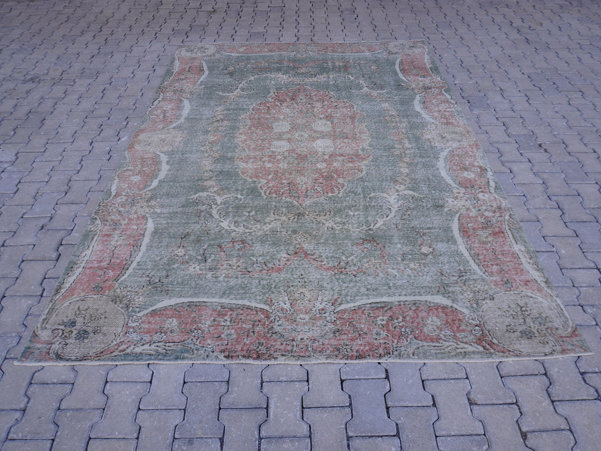 7x10 Handwoven Turkish Rug: Green Wool & Cotton Blend, Home Bohemian Decor