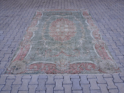 7x10 Handwoven Turkish Rug: Green Wool & Cotton Blend, Home Bohemian Decor