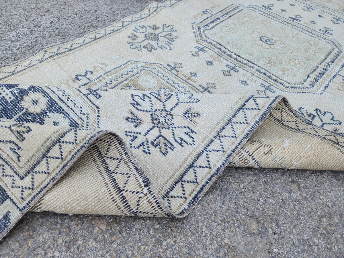 Neutral Geometric Runner Rug 3x10, Turkish Hand Made Rustic Home Decor, Beige and Blue Wool