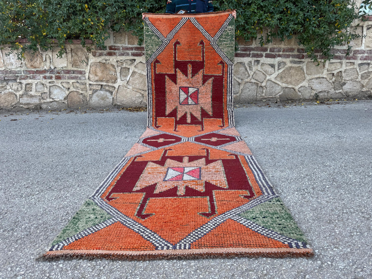 3x10 Herki Runner Rug: Vintage Handwoven Wool in Burnt Orange and Green Tribal Motifs