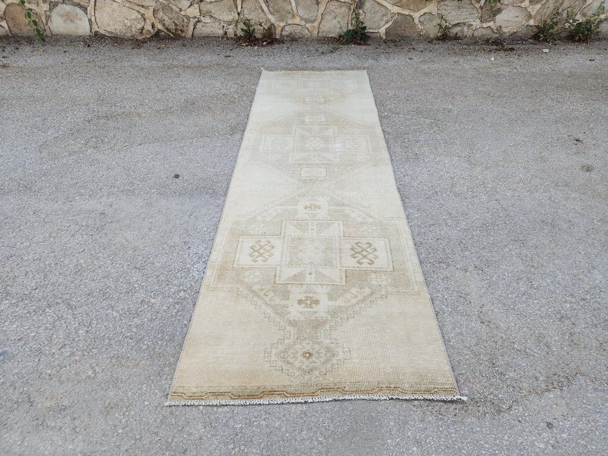 Hand Made Runner Rug 2.6 x 8.8 ft , Oriental Boho Decor, Turkish Rustic Wool Carpet