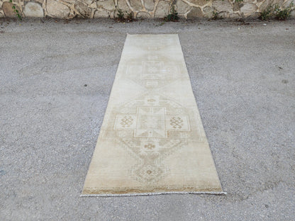 Hand Made Runner Rug 2.6 x 8.8 ft , Oriental Boho Decor, Turkish Rustic Wool Carpet