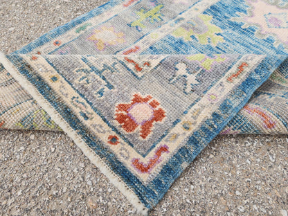 3x6 Handwoven Wool Oushak Runner Rug: Boho Patina Blue Home Textiles