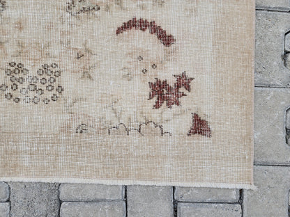 3x6 Vintage Turkish Oushak Rug: Beige Floral Entryway Rug