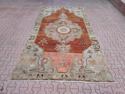 Vintage Oushak Rug 4x8: Hand-Knotted Wool Hallway Carpet