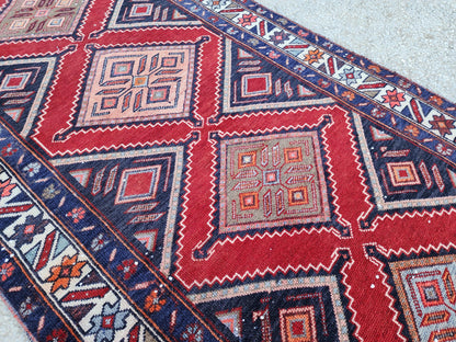 Vintage Hand Woven Rug 3x10: Red and Navy Blue, Persian Geometric Design
