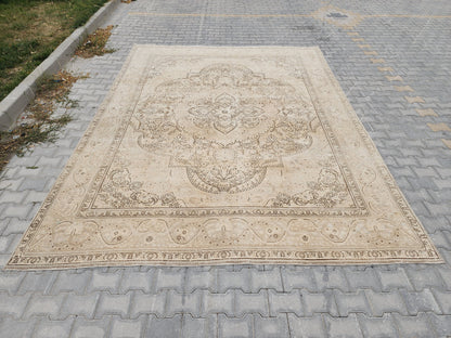 9x12 Vintage Turkish Oushak Rug: Hand Knotted Wool, Gray Cream