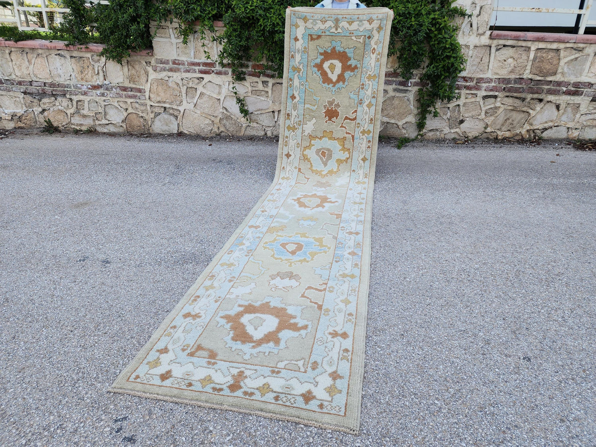 Handwoven Wool Oushak Runner Rug: 3x13 Turkish Entry Rug, Hallway Rustic Decor