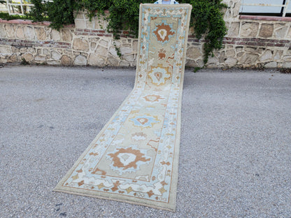 Handwoven Wool Oushak Runner Rug: 3x13 Turkish Entry Rug, Hallway Rustic Decor