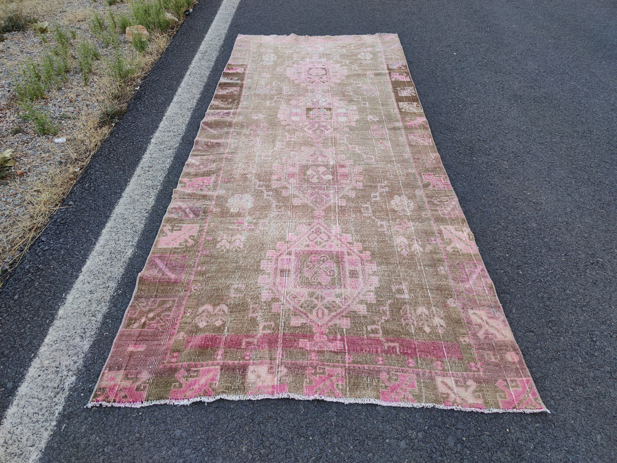 4x11 Turkish Runner Rug: Brown Abstract Hallway Carpet
