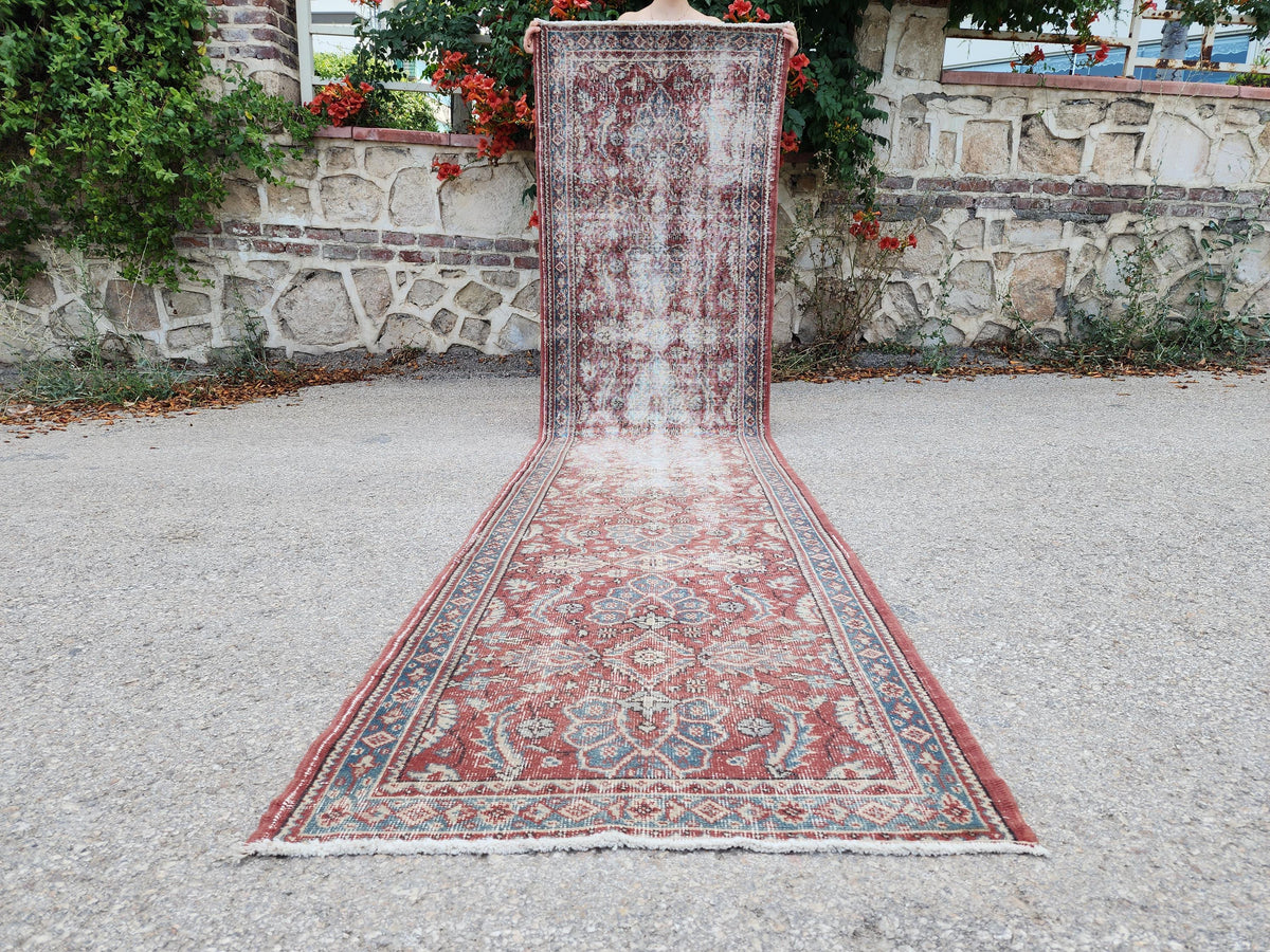 Antique Runner Rug 3x11.5 ft, Turkish Oushak Wool Carpet Faded Red Rug For Living Room Decor
