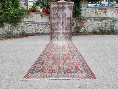 Antique Runner Rug 3x11.5 ft, Turkish Oushak Wool Carpet Faded Red Rug For Living Room Decor