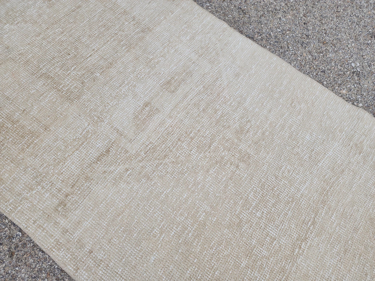 Beige Wool Runner Rug 2x11: Hand Knotted Turkish Geometric Hallway Rug