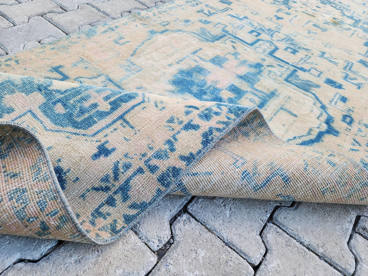 3x10 Blue Wool Turkish Runner Rug: Neutral Bohemian Hallway Decor