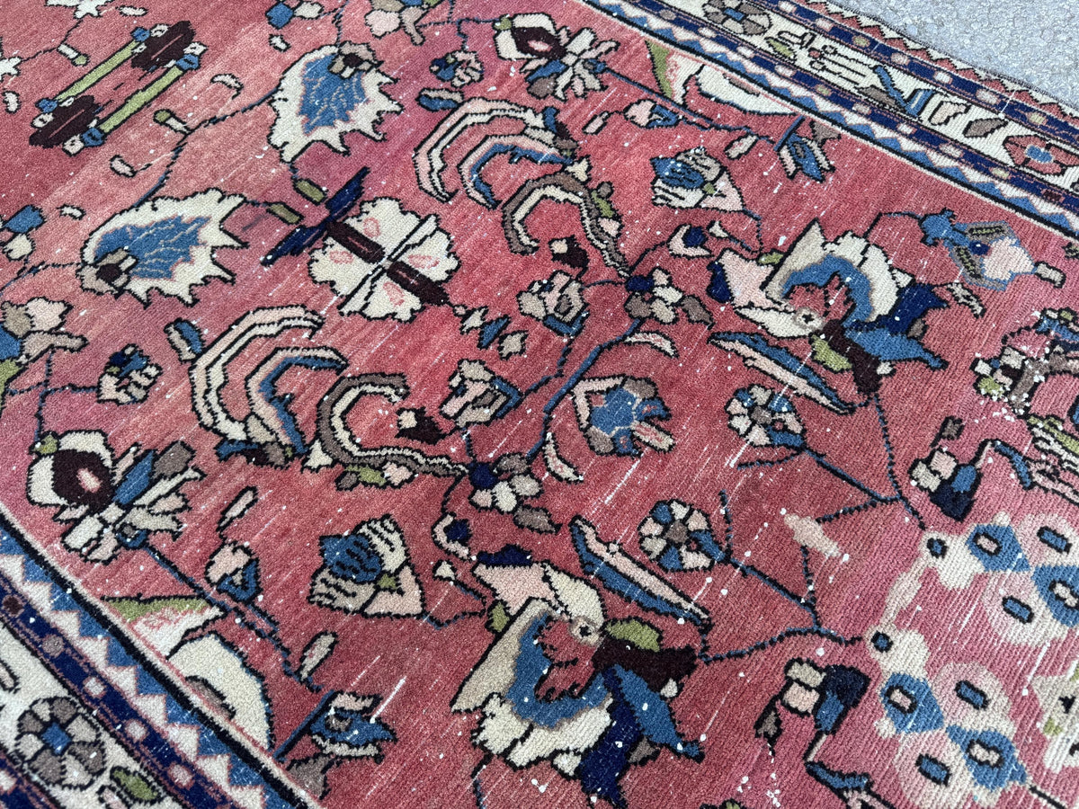 3x9 Tribal Persian Rug: Hand Woven, Faded Red and Black Pattern