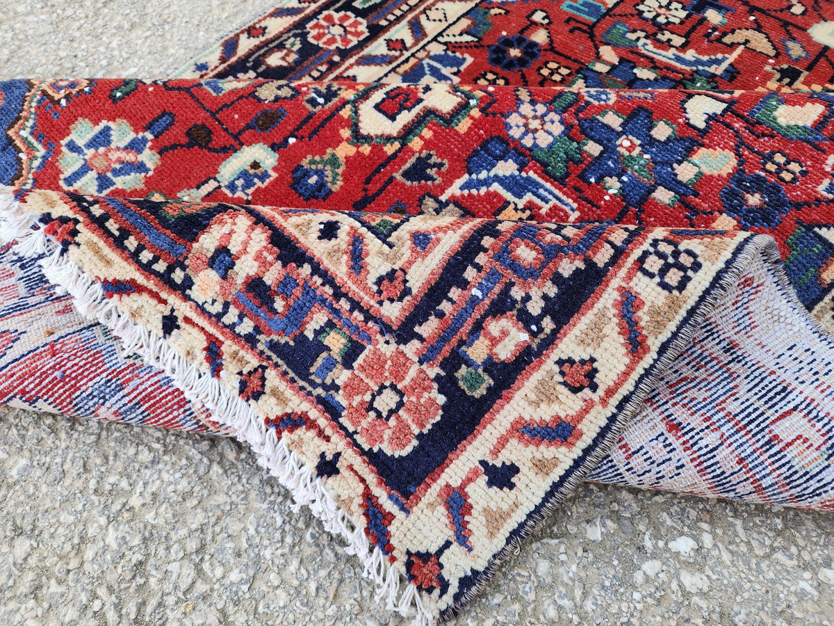 Antique Wool Runner Rug 3x9: Handcrafted Red Ann Blue Color, Farmhouse Decor