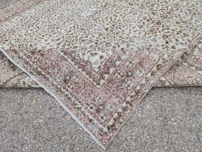 Handmade Oushak Wool Rug 7x10: Vintage Turkish Beige Carpet
