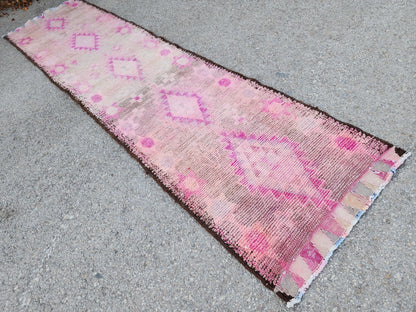 Herki Pink Runner Rug 2.7x10 ft, Turkish Wool Hand Made Carpet, Home Rustic Hallway Decor