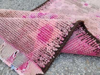 Herki Pink Runner Rug 2.7x10 ft, Turkish Wool Hand Made Carpet, Home Rustic Hallway Decor