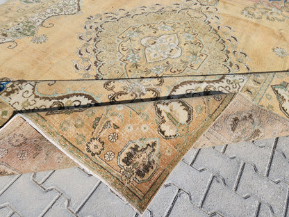 Neutral Rustic Rug 9x12: Medallion Persian Design, Hand Knotted, Rustic Bohemian Decor