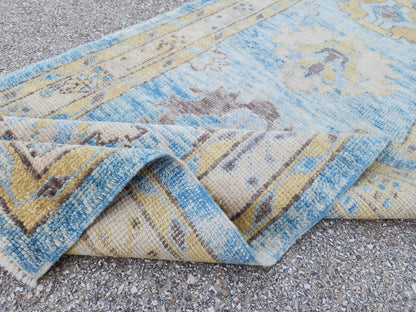 Oushak Wool Runner 3x11: Patina Blue Turkish Entry Rug, Oriental Home Decor